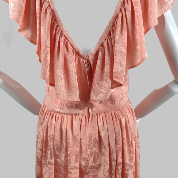 Vintage 1980s Shell Pink Tea Dress Floral Damask Ruffle Neckline Open Tie Back M - Picture 11 of 16